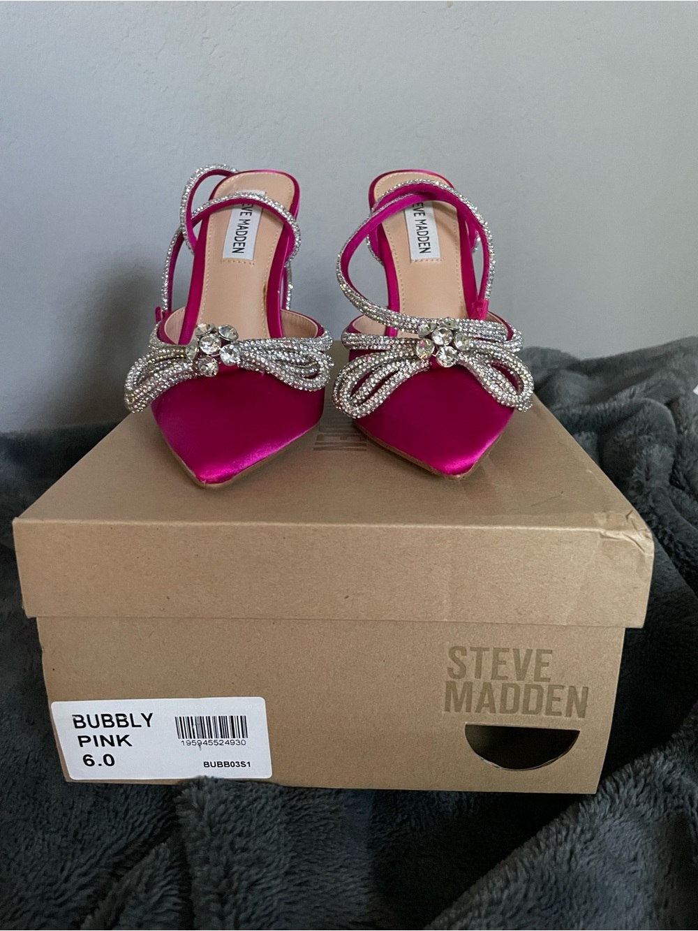 Steve Madden Hot Pink Satin Slingback Heels with Crystal Bow and Ankle Straps